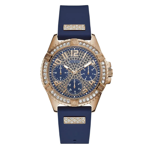 Guess Frontier DIamonds Gold Dial Blue Rubber Strap Watch For Women - W1160L3 Buy Now By Guess