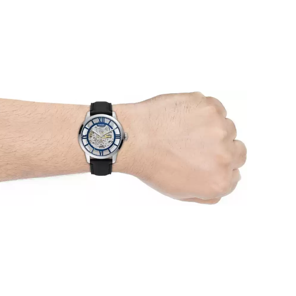 Fossil Townsman Automatic Skeleton Blue Dial Black Leather Strap Watch for Men - ME3200 Buy Now By Fossil