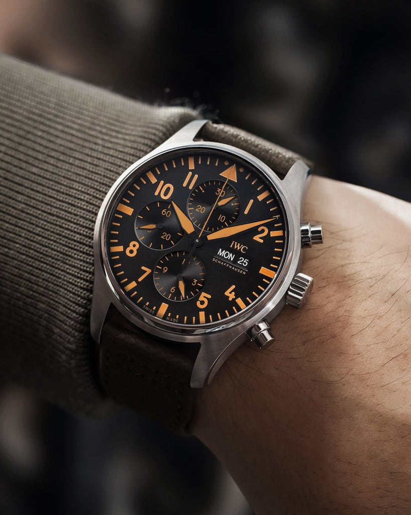 IWC Pilot's Watch Chronograph Black Dial Olive Green Calfskin Strap Watch for Men - IW377730 Buy Now By IWC