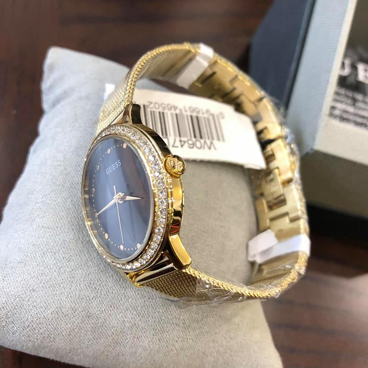 Guess Chelsea Crystals Black Dial Gold Mesh Bracelet Watch For Women - W0647L8 Buy Now By Guess