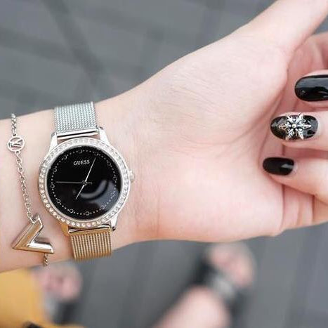 Guess Chelsea Crystals Black Dial Silver Mesh Bracelet Watch For Women - W0647L5 Buy Now By Guess