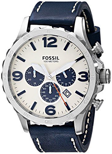 Fossil Nate Chronograph White Dial Blue Leather Strap Watch for Men - JR1480 Buy Now By Fossil