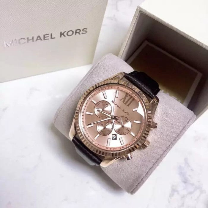 Michael Kors Lexington Chronograph Rose Gold Dial Black Leather Strap Watch For Men - MK8516 Buy Now By Michael Kors