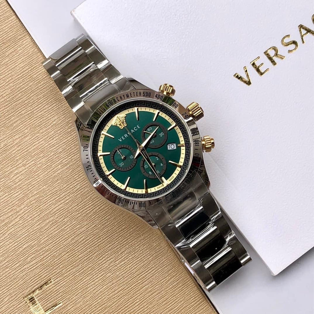 Versace Classic Chronograph Quartz Green Dial Silver Steel Strap Watch For Men - VEV700721 Buy Now By Versace