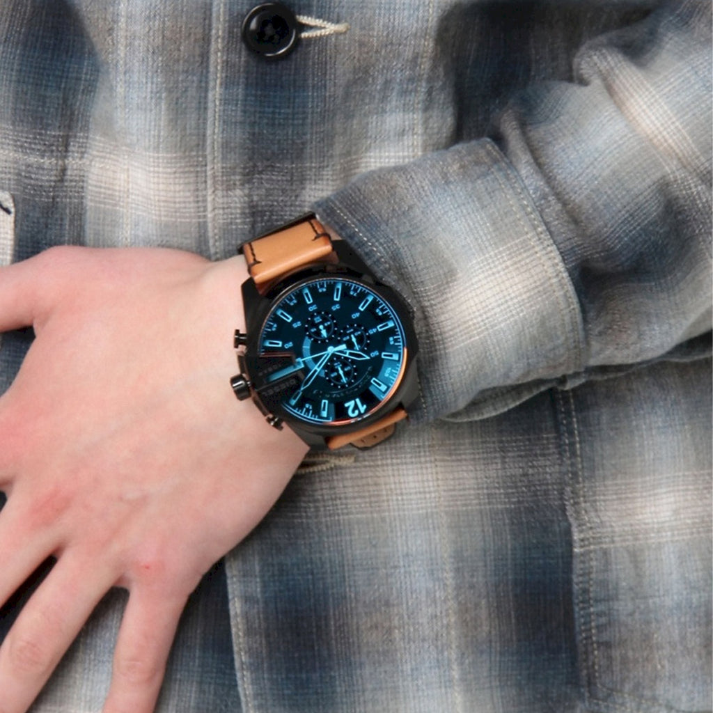 Diesel Mega Chief Chronograph Black Dial Brown Leather Strap Watch For Men - DZ4476 Buy Now By Diesel