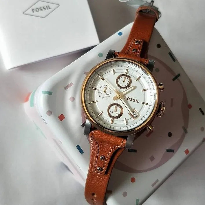 Fossil Boyfriend Chronograph White Dial Brown Leather Strap Watch for Women - ES3837 Buy Now By Fossil