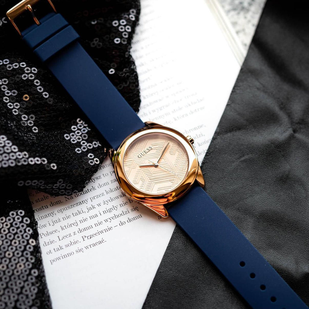 Guess Cubed Analog Rose Gold Dial Blue Leather Strap Watch For Women - GW0665L2 Buy Now By Guess