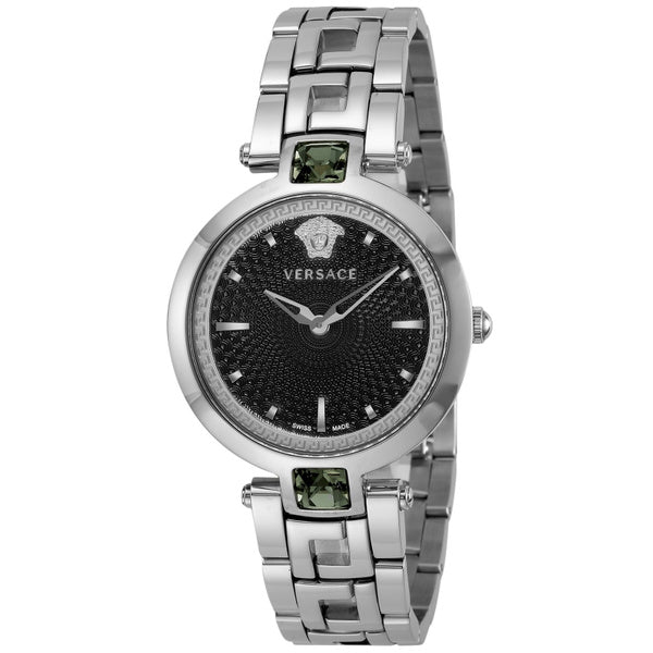 Versace Crystal Gleam Guilloche Black Dial Silver Steel Strap Watch for Women - VAN030016 Buy Now By Versace