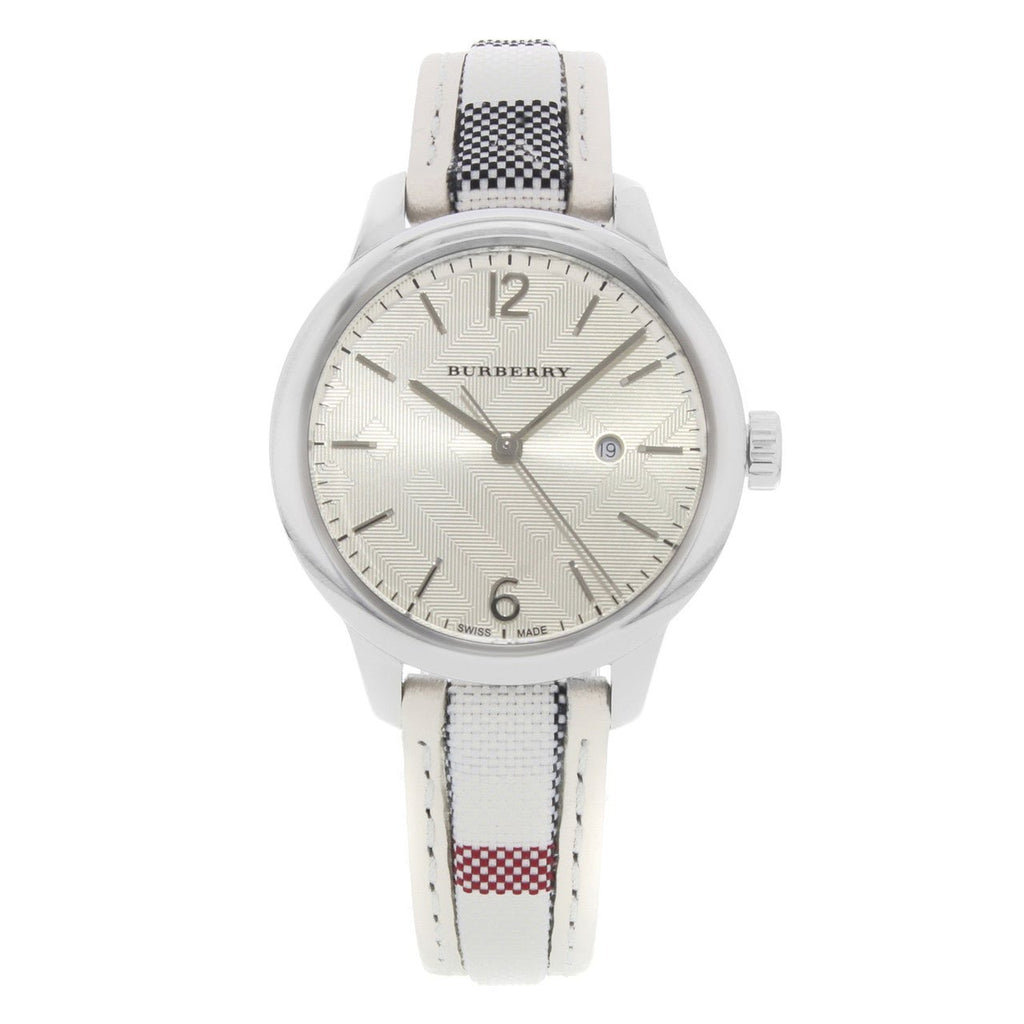 Burberry The Classic Guilloche Silver Dial Grey Leather Strap Watch for Women - BU10113 Buy Now By Burberry