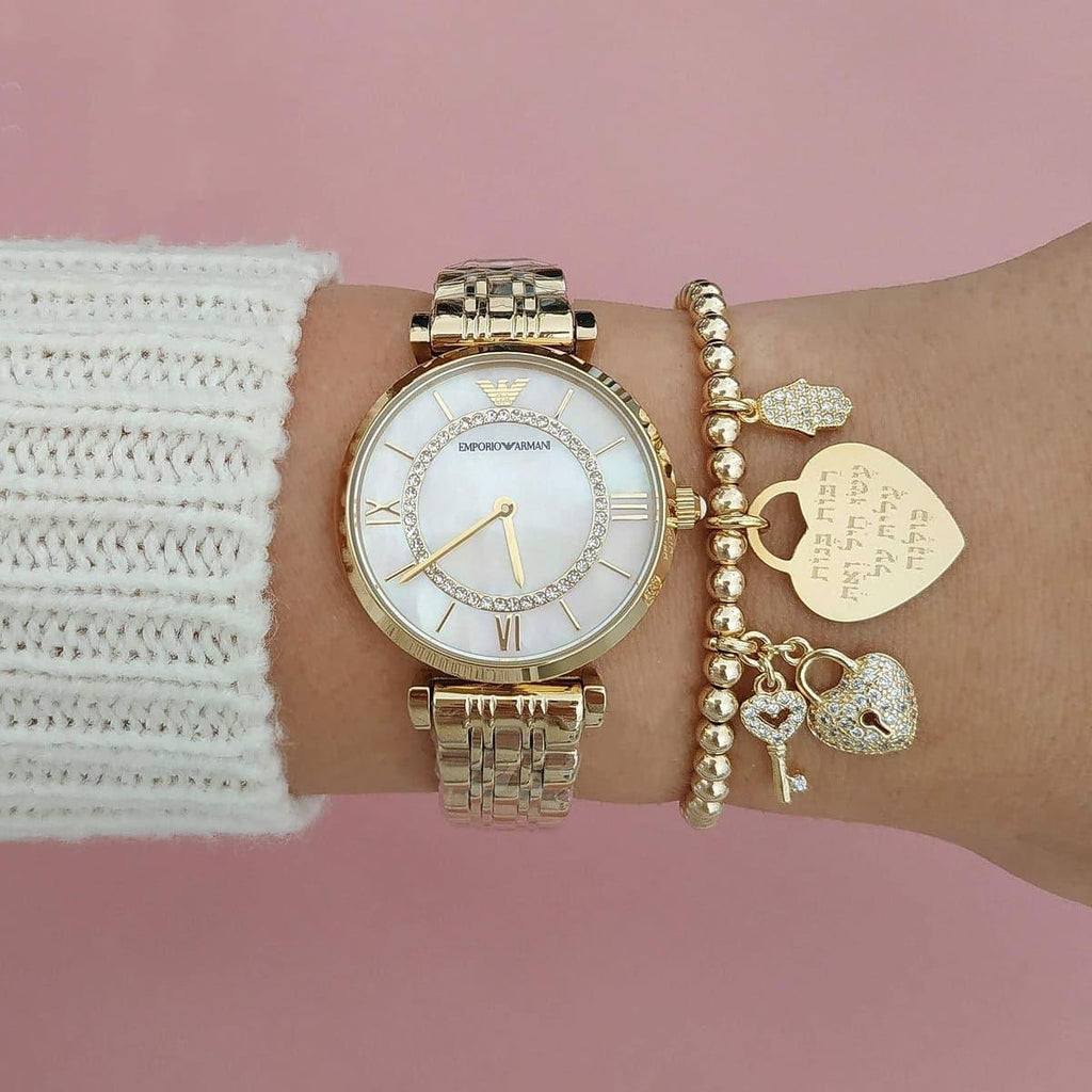 Emporio Armani Gianni T Bar White Mother of Pearl Dial Gold Steel Strap Watch For Women - AR1907 Buy Now By Emporio Armani