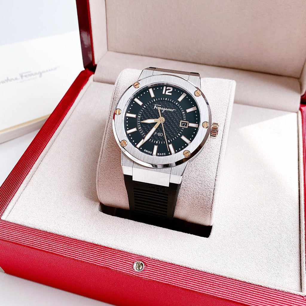 Salvatore Ferragamo F-80 Black Dial Black Rubber Strap Watch For Men - SFHY00120 Buy Now By Salvatore Ferragamo