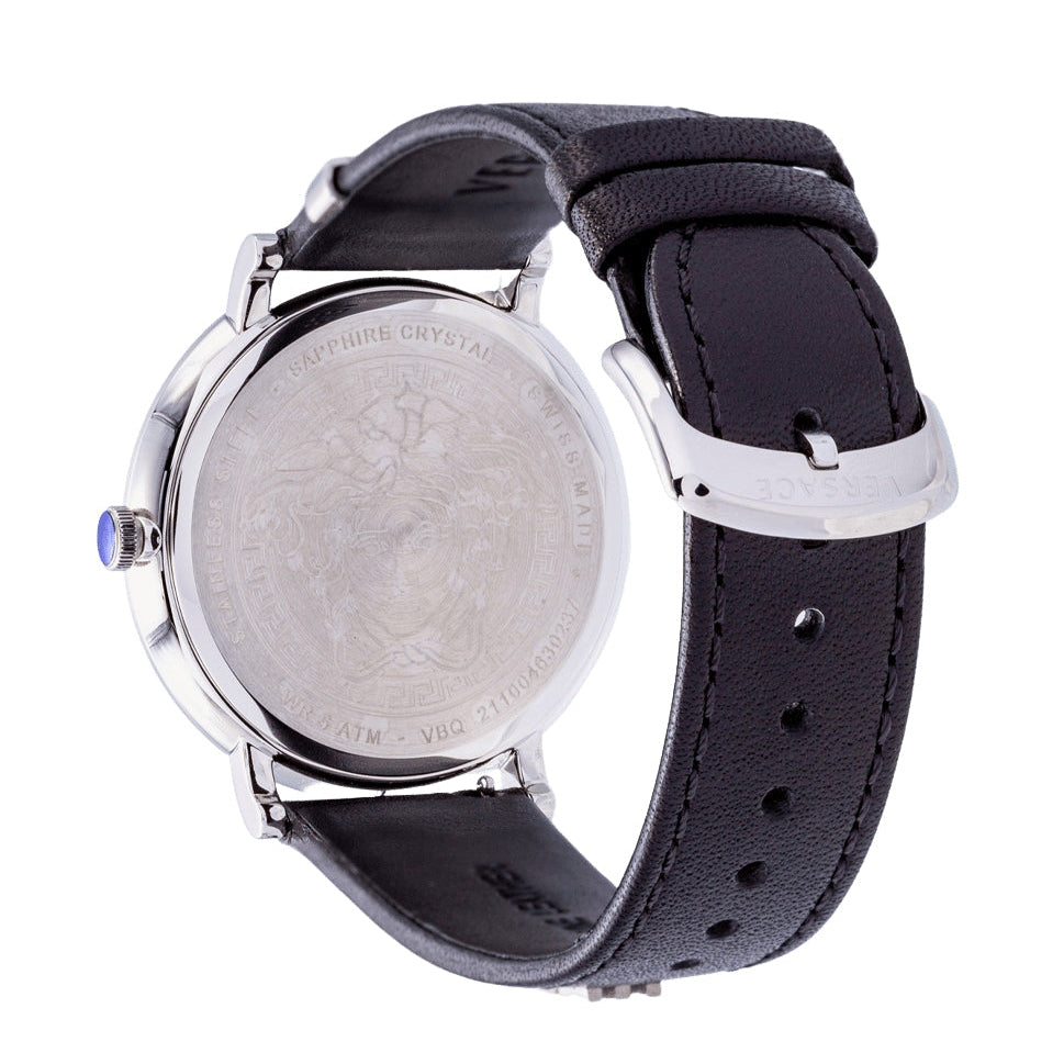 Versace V-Circle Black Manifesto Courage Quartz Silver Dial Black Leather Strap Watch for Men - VBQ080017 Buy Now By Versace