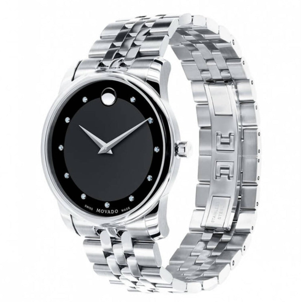 Movado Museum Diamonds Black Dial Silver Steel Strap Watch For Men - 606878 Buy Now By Movado