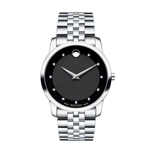 Movado Museum Diamonds Black Dial Silver Steel Strap Watch For Men - 606878 Buy Now By Movado