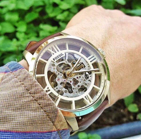 Fossil Townsman Automatic Skeleton Gold Dial Brown Leather Strap Watch for Men - ME3043 Buy Now By Fossil