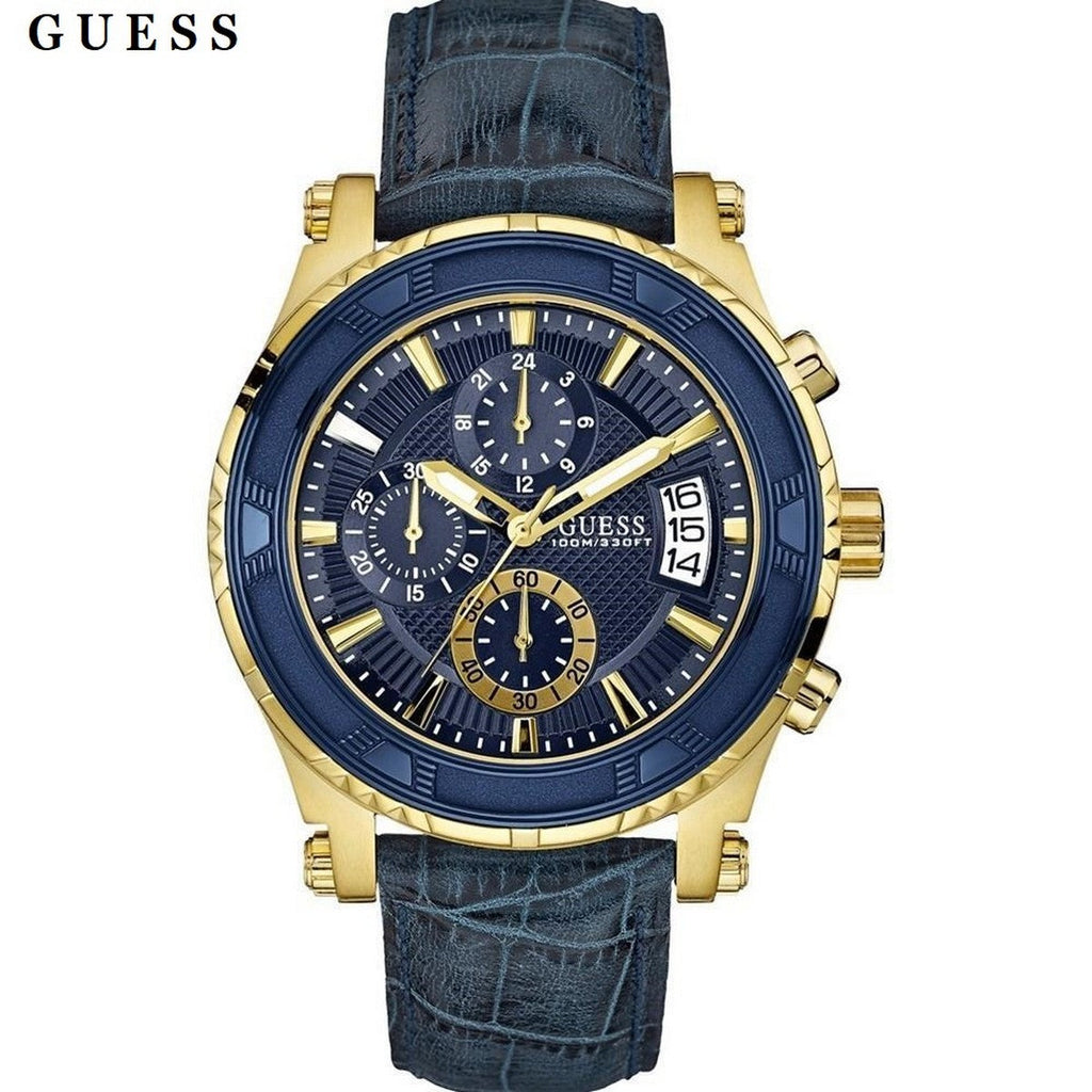 Guess Pinnacle Chronograph Quartz Blue Dial Blue Leather Strap Watch For Men - W0673G2 Buy Now By Guess