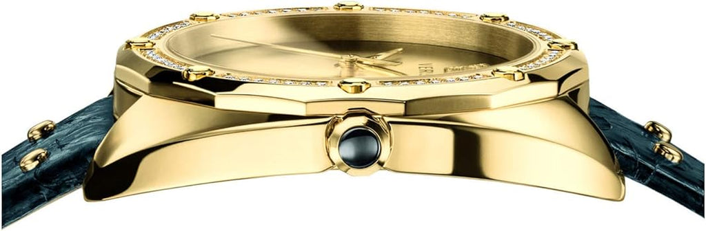 Versace Shadov Quartz Gold Dial Black Leather Strap Watch for Women - VEBM01118 Buy Now By Versace