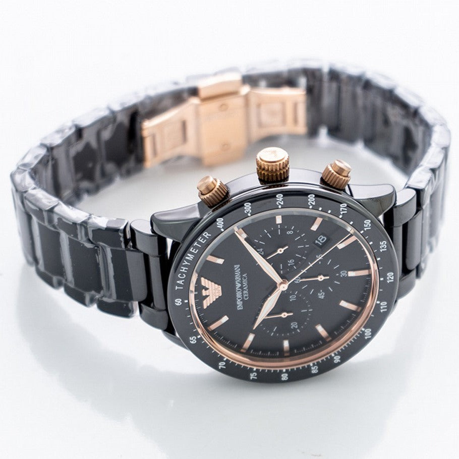 Emporio Armani Mario Ceramic Chronograph Black Dial Black Steel Strap Watch For Men - AR70002 Buy Now By Emporio Armani