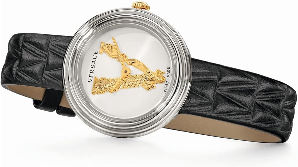 Versace Virtus Quartz White Dial Black Leather Strap Watch For Women - VET300421 Buy Now By Versace