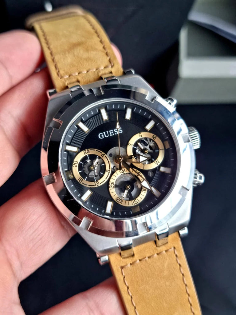 Guess Continental Multifunction Black Dial Brown Leather Strap Watch for Men - GW0262G1 Buy Now By Guess