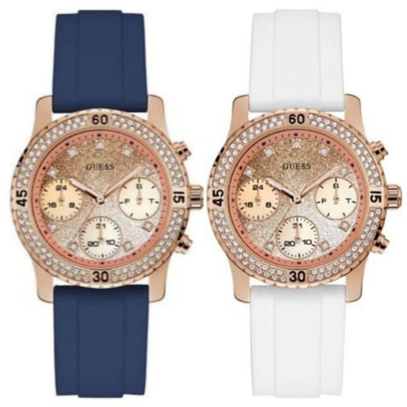 Guess Confetti Crystal Rose Gold Dial White Silicone Strap Watch For Women - W1098L5 Buy Now By Guess