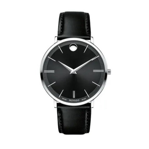Movado Ultra Slim Black Dial Black Leather Strap Watch For Men - 0607086 Buy Now By Movado
