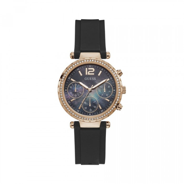 Guess Solstice Diamonds Black Mother of Pearl Dial Black Rubber Strap Watch for Women - GW0113L2 Buy Now By Guess