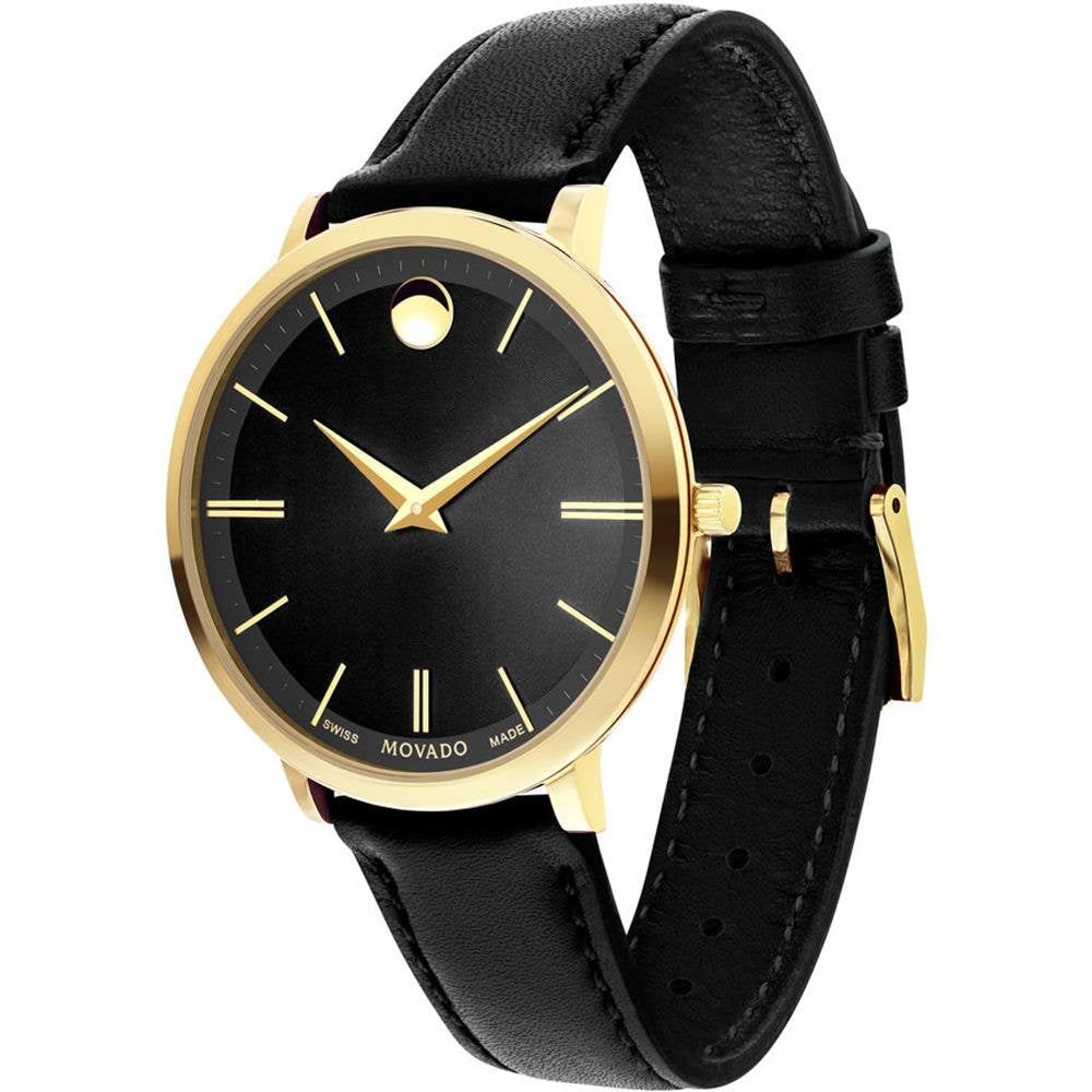 Movado Ultra Slim Black Dial Black Leather Strap Watch For Women - 0607091 Buy Now By Movado