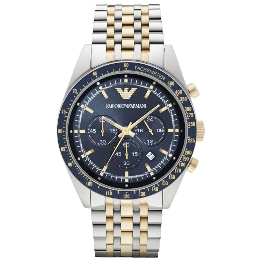 Emporio Armani Tazio Chronograph Blue Dial Gold & Silver Stainless Steel Strap Watch For Men - AR8030 Buy Now By Emporio Armani
