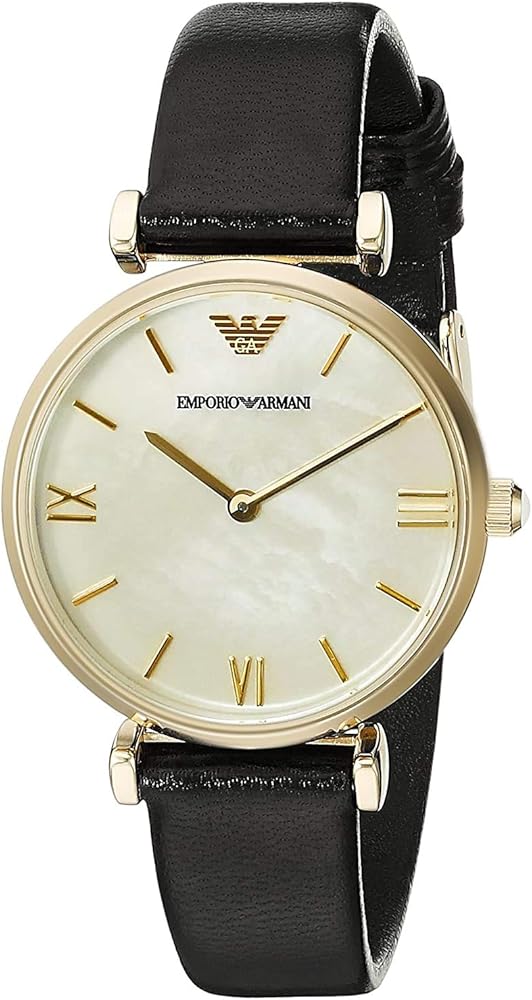 Emporio Armani Gianni T-Bar Quartz Mother of Pearl Dial Black Leather Strap Watch For Women - AR1910 Buy Now By Emporio Armani