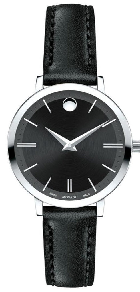 Movado Ultra Slim Black Dial Black Leather Strap Watch For Women - 0607094 Buy Now By Movado