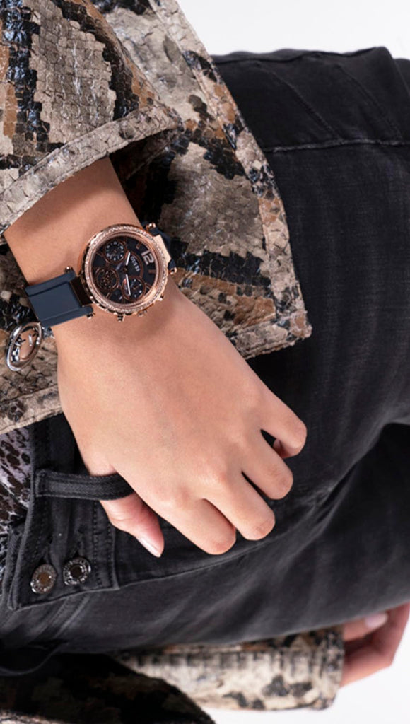 Guess Solistice Diamonds Roe Gold Dial Black Rubber Strap Watch for Women - GW0484L2 Buy Now By Guess