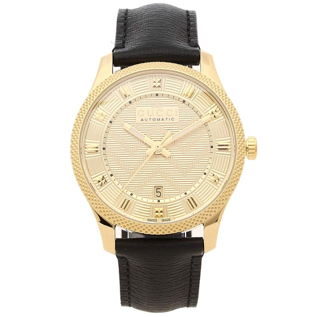 Gucci Eryx Automatic Chevron Gold Dial Black Leather Strap Watch For Men - YA126340 Buy Now By Gucci