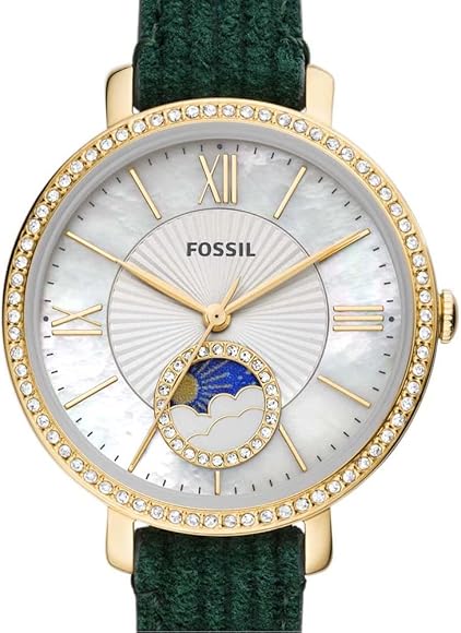 Fossil Jacqueline Multifunction Moonphase Mother of Pearl White Dial Green Leather Strap Watch for Women - ES5244 Buy Now By Fossil