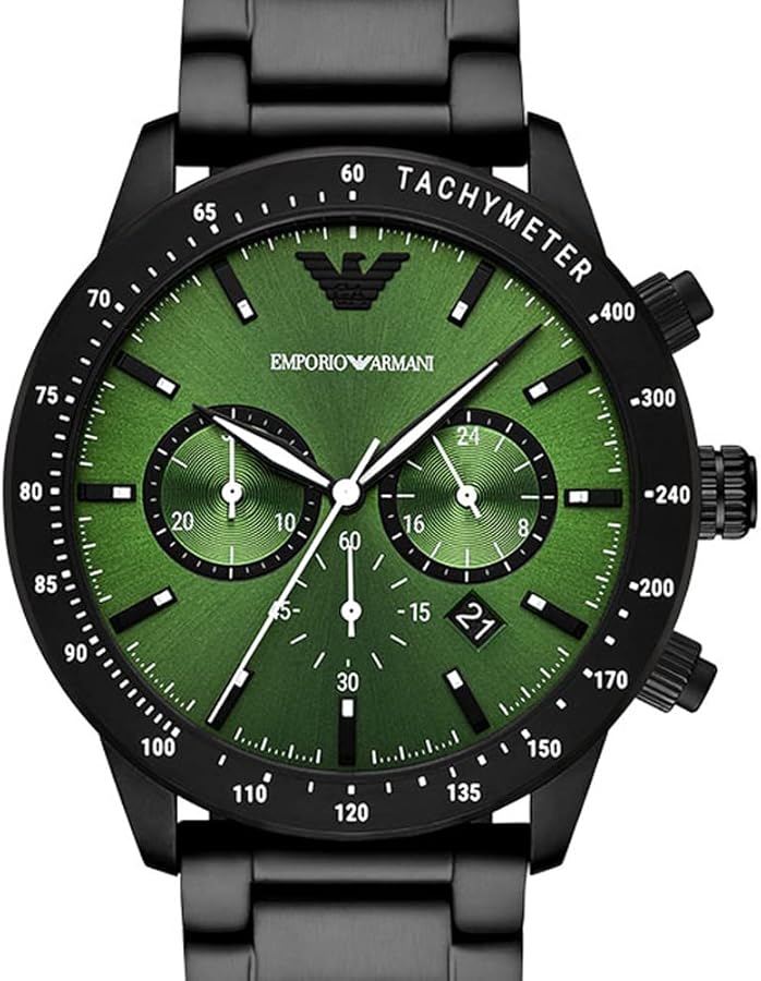 Emporio Armani Mario Chronograph Green Dial Black Steel Strap Watch For Men - AR11472 Buy Now By Emporio Armani