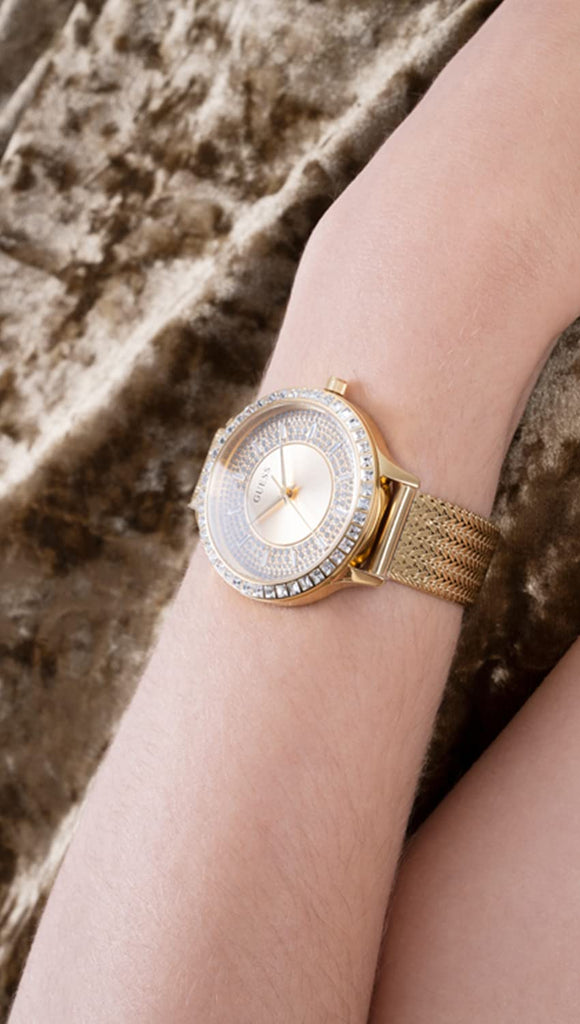 Guess Soiree Diamonds Gold Dial Gold Mesh Bracelet Watch for Women - GW0402L2 Buy Now By Guess