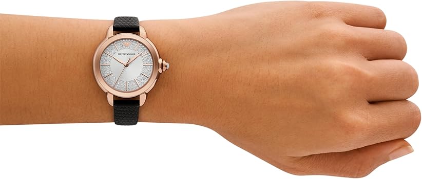 Emporio Armani Mia Three Hand Crystals Silver Dial Black Leather Strap Watch For Women - AR11631 Buy Now By Emporio Armani