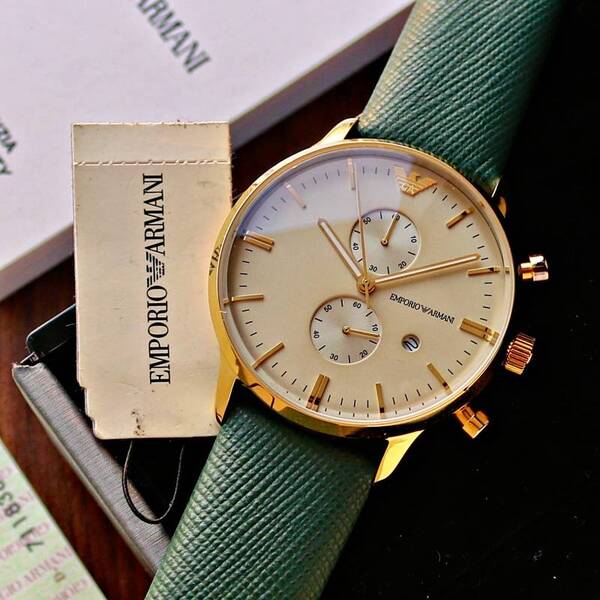 Emporio Armani Chronograph Champagne Dial Green Leather Strap Watch For Men - AR1722 Buy Now By Emporio Armani