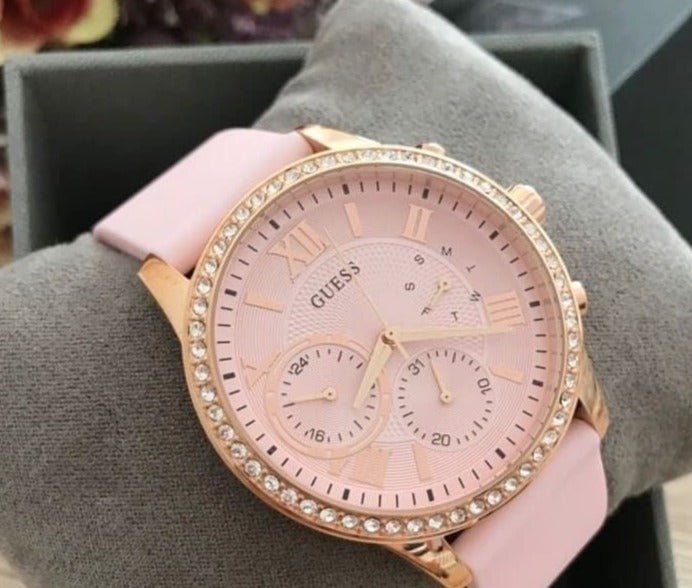 Guess Solar Rose Gold Dial Pink Rubber Strap Watch For Women - W1135L2 Buy Now By Guess