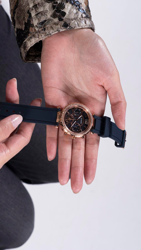 Guess Solistice Diamonds Roe Gold Dial Black Rubber Strap Watch for Women - GW0484L2 Buy Now By Guess