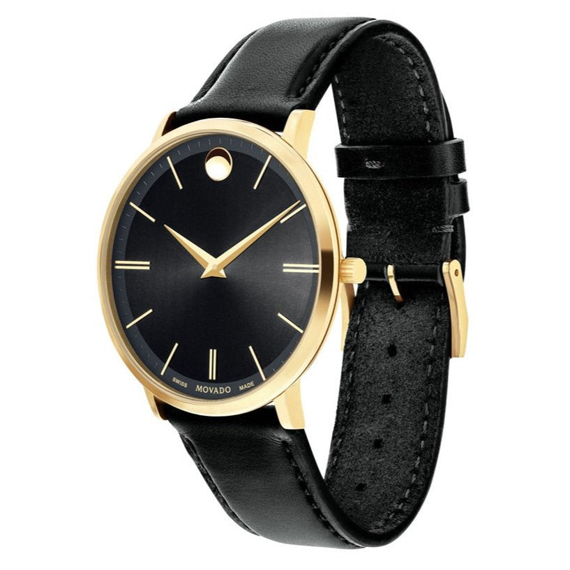 Movado Ultra Slim Black Dial Black Leather Strap Watch For Men - 0607087 Buy Now By Movado