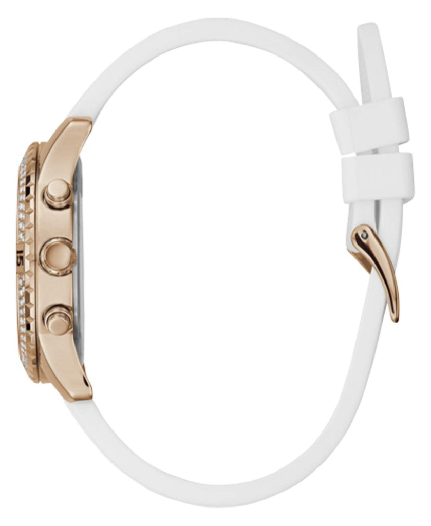 Guess Confetti Crystal Rose Gold Dial White Silicone Strap Watch For Women - W1098L5 Buy Now By Guess