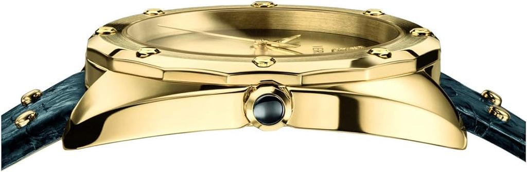 Versace Shadov Quartz Gold Dial Black Leather Strap Watch for Women - VEBM00318 Buy Now By Versace