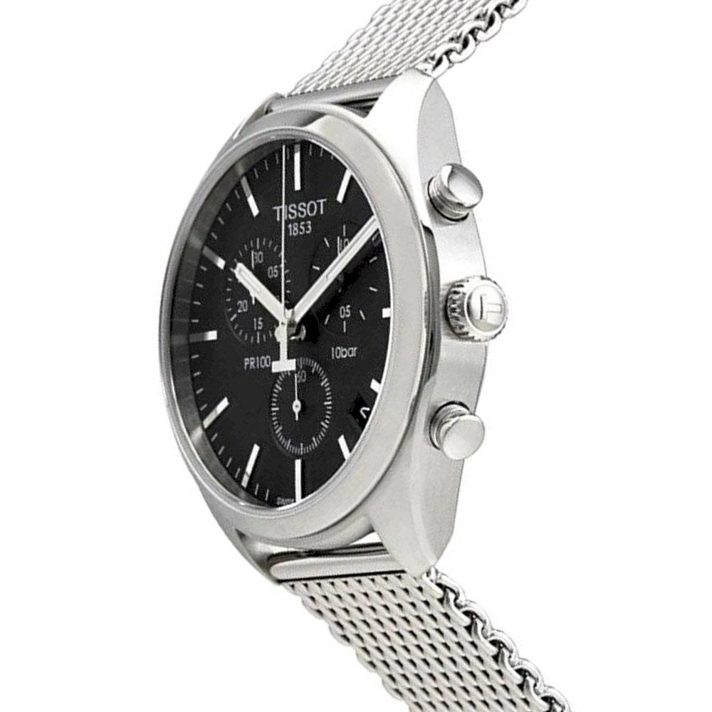 Tissot PR 100 Chronograph Black Dial Silver Mesh Bracelet Watch For Men - T101.417.11.051.01 Buy Now By Tissot