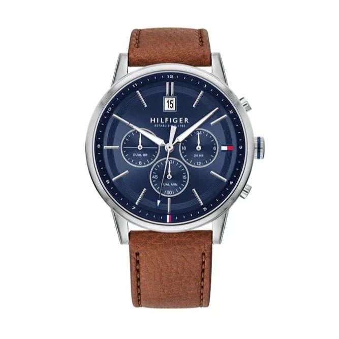 Tommy Hilfiger Kyle Multifunction Blue Dial Brown Leather Strap Watch for Men - 1791629 Buy Now By Tommy Hilfiger