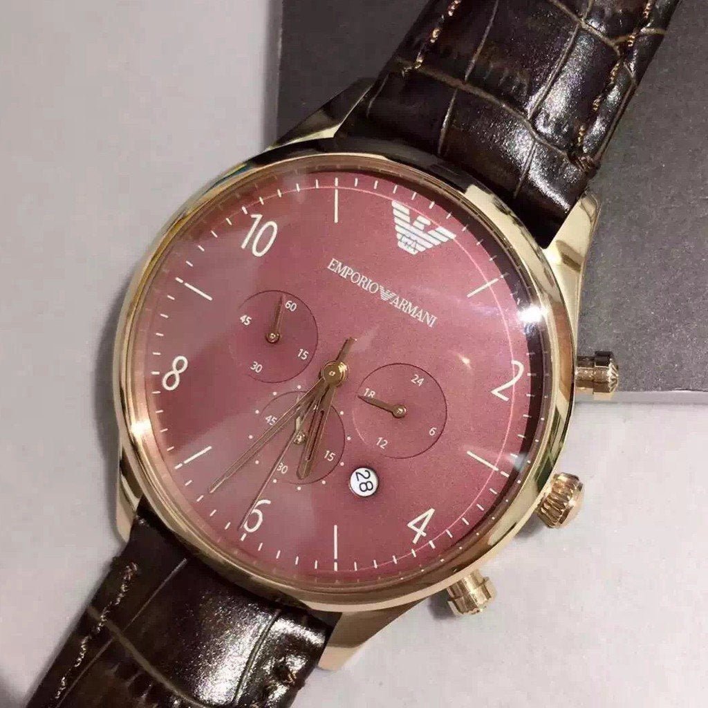 Emporio Armani Classic Chronograph Burgundy Dial Brown Leather Strap Watch For Men - AR1890 Buy Now By Emporio Armani