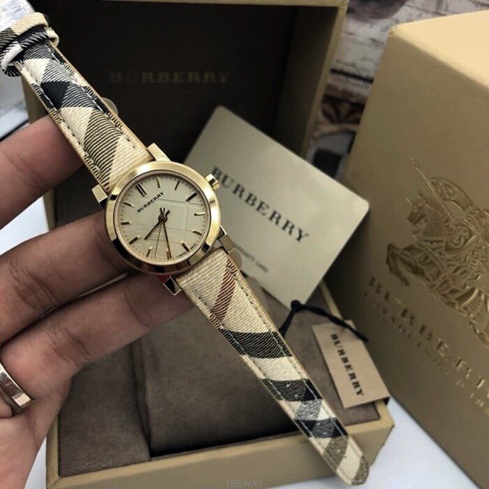 Burberry The City Gold Dial Haymarket Brown Leather Strap Watch for Women - BU9219 Buy Now By Burberry