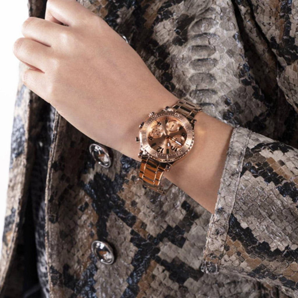 Guess Cosmic Chronograph Rose Gold Dial Rose Gold Steel Strap Watch for Women - GW0465L2 Buy Now By Guess