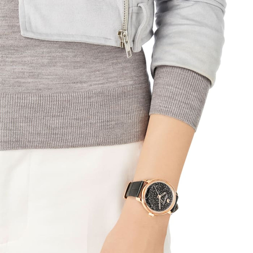 Swarovski Crystalline Hours Black Dial Black Leather Strap Watch for Women - 5295377 Buy Now By Swarovski