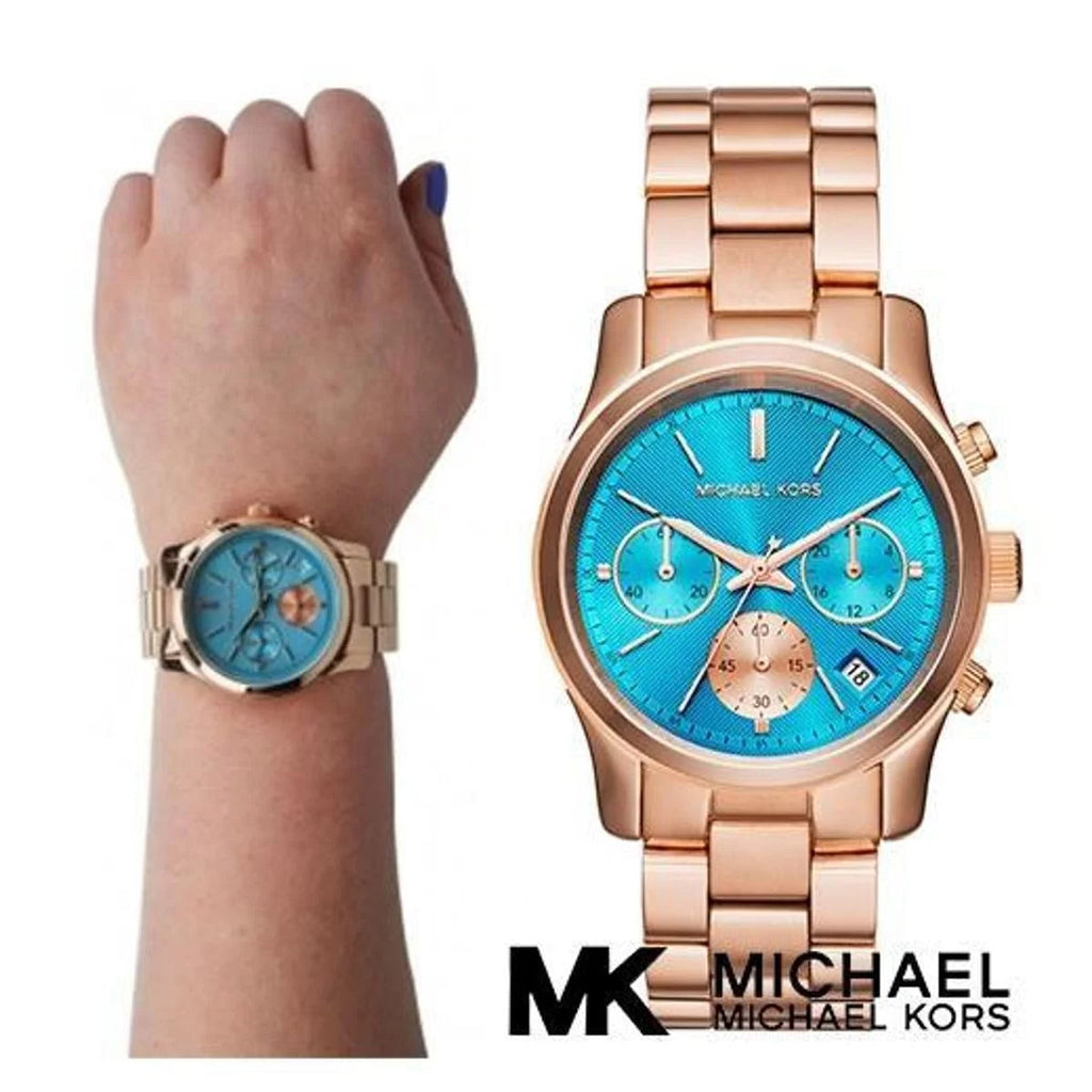 Michael Kors Runway Chronograph Turquoise Dial Rose Gold Steel Strap Watch For Women - MK6164 Buy Now By Michael Kors